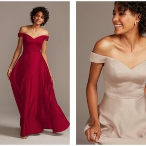 Bridesmaid dress, off-shoulder satin a-line